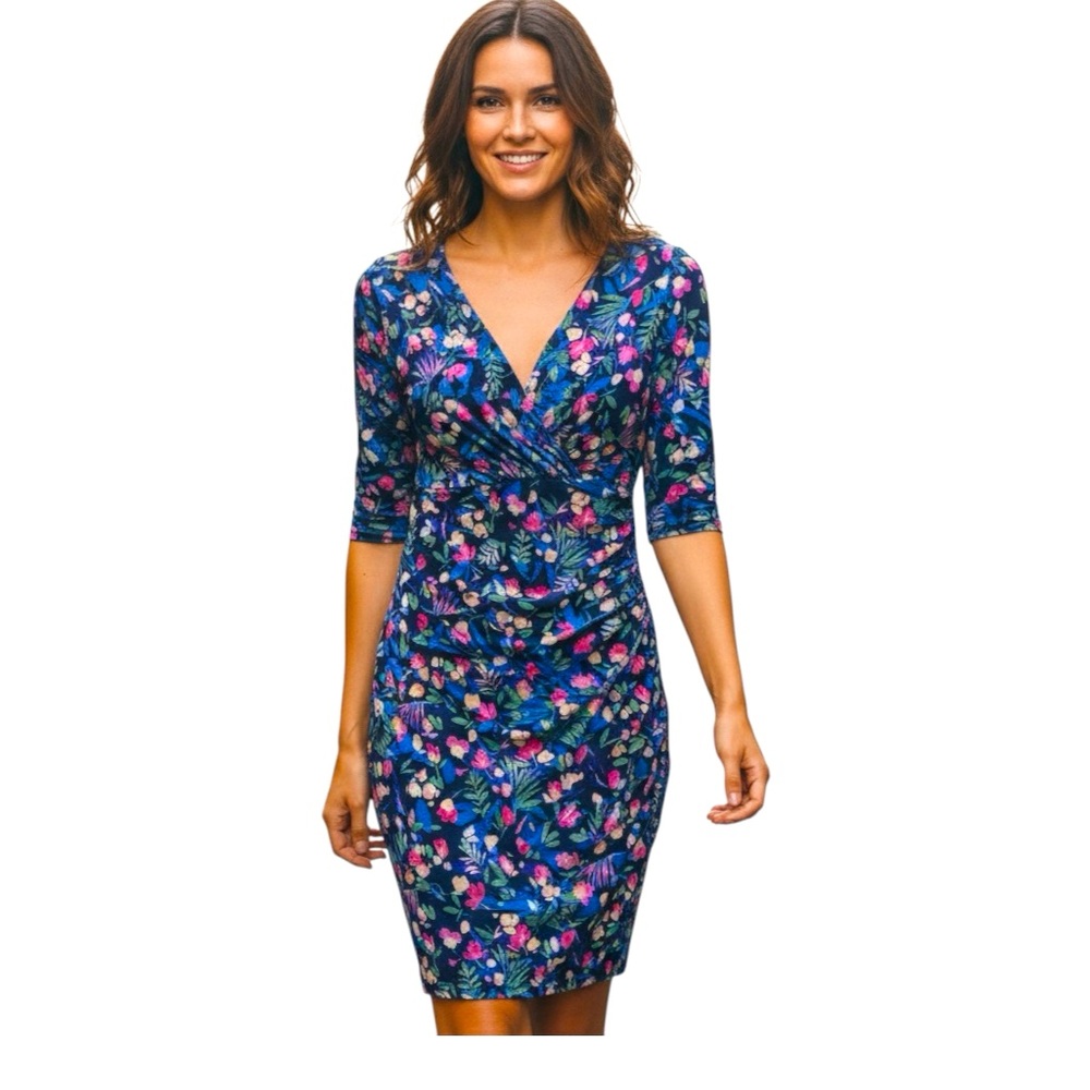 LRL Jersey Floral Faux Wrap Midi Dress Modest Spring Surplice Flirty Office Wear